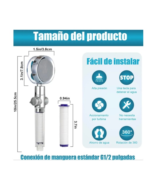 Duchador De Mano Cabezal Turbo Alta Presión Con Filtro Ducha - Imagen 3