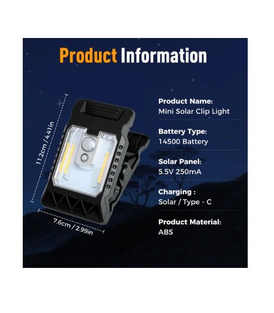 Mini Lámpara Clip Carga Solar Con Sensor de Movimiento - Imagen 3