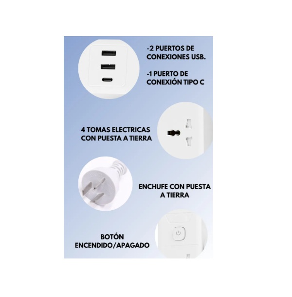 Zapatilla Electrica 4 Tomas 1.5mts + 2usb+ 1 Tipo C - Imagen 3